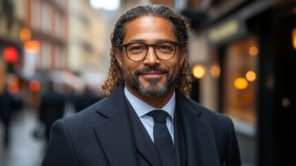 Fototapeta premium A man with glasses and a long beard is smiling for the camera. He is wearing a suit and tie and he is posing for a photo
