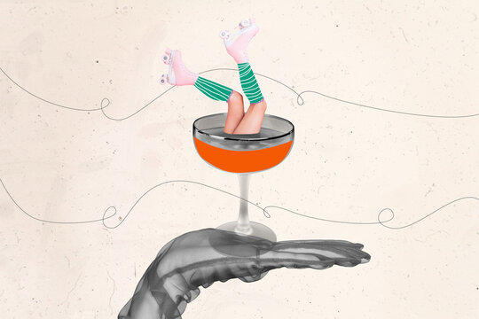 Exclusive art banner collage of anonym girl legs wear roller-skate stockings alcohol cocktail diver martini beverage hand