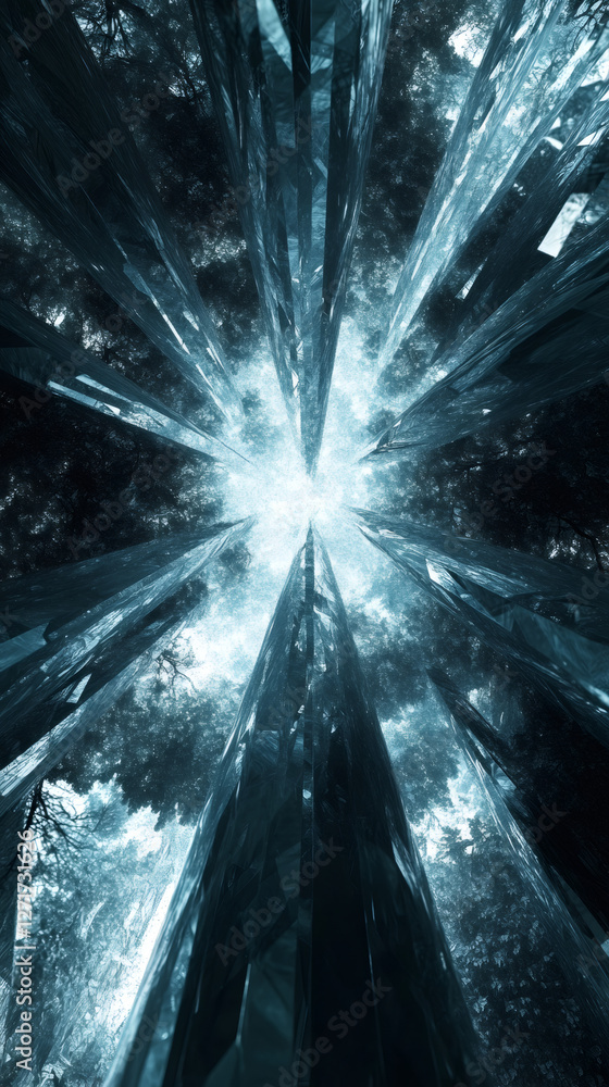 Leinwandbilder Upward view of crystal shards converging towards a bright light source, creating a mesmerizing abstract pattern