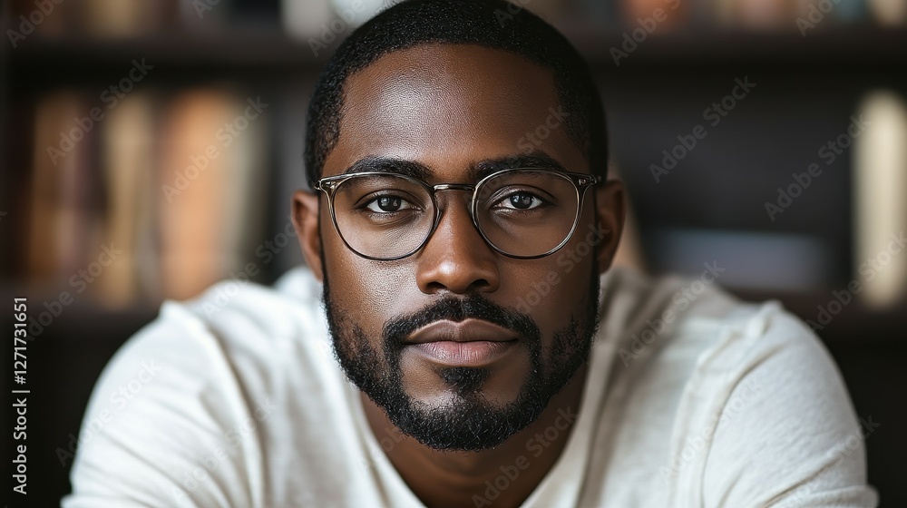 Poster a man with glasses is sitting in front of a bookshelf. he has a serious expression on his face