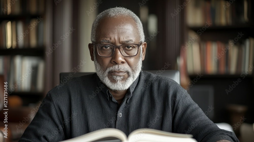 Poster a man with glasses is sitting at a desk with a book open in front of him. he is focused on the book,