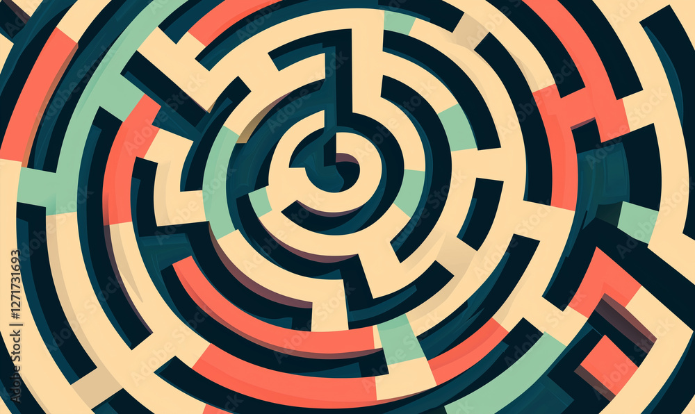 Poster colorful abstract maze design featuring intricate pathways and spirals.