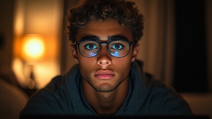 Fototapeta premium A man with glasses is looking at a computer screen. Concept of focus and concentration as the man stares intently at the screen. The man's facial expression