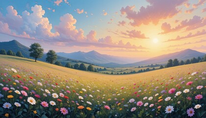 Sunset over flowering field mountain landscape digital art vibrant nature panoramic view serenity