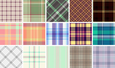 A vibrant collection of 16 diverse plaid patterns.  Ideal for textile design, fashion, website backgrounds, and scrapbooking.