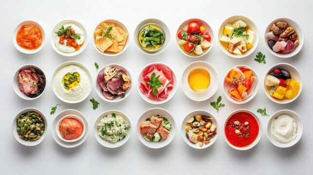Delicious assortment of tapas served in individual bowls on a white background
