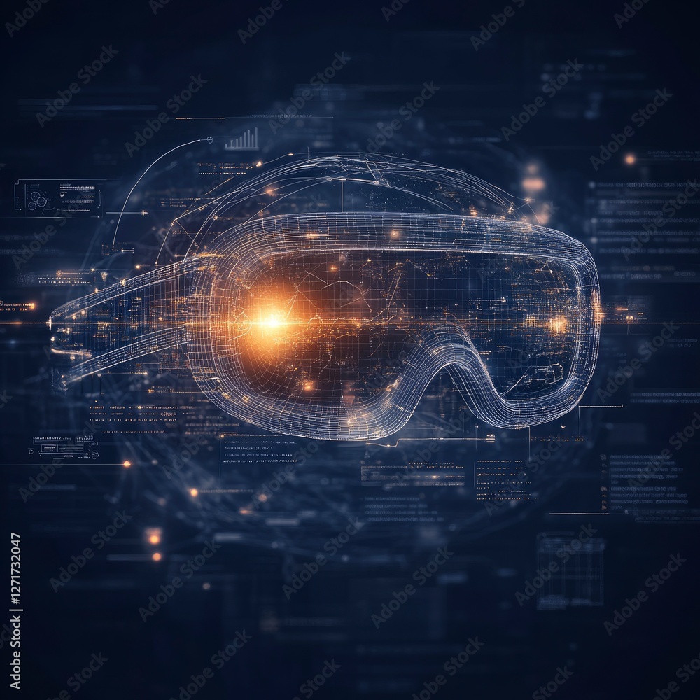 Poster futuristic digital illustration of augmented reality goggles displaying intricate holographic data v