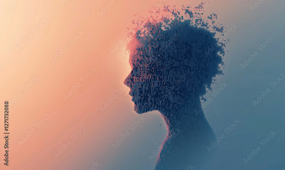 Poster silhouette of a person created from abstract particles against a soft gradient background.
