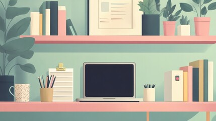 A well-organized home office setup with a business laptop, plants, and productivity tools.