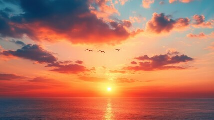 Obraz premium Bird in flight over ocean waves during a vibrant sunset sky with warm colors and soft clouds