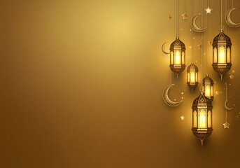 Flat design Ramadan Kareem background, 3d golden metal crescent and stars. Arabic style arch in beige color with traditional pattern. elegant golden moon with mosque ramadan kareem background