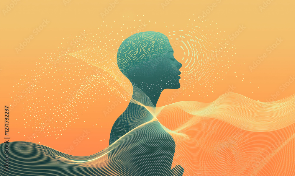 Poster silhouette of a person with a flowing abstract design in soft gradient colors.