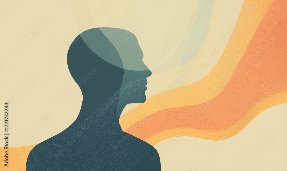 Poster silhouette of a head with abstract colorful waves in the background, symbolizing thoughts and creati