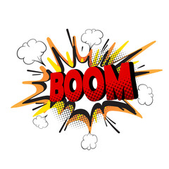 Pop art comic book speech bubble with cute vintage strip layout, explosion cloud message, with text BOOM