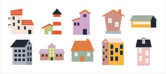 Various small tiny houses, trees and mountains. Paper cut style. Flat design. Hand drawn trendy illustration. Big colored vector set.	