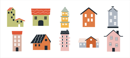 Various small tiny houses, trees and mountains. Paper cut style. Flat design. Hand drawn trendy illustration. Big colored vector set.	