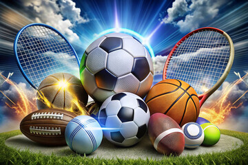 Sports balls, tennis rackets, vibrant backdrop, competition