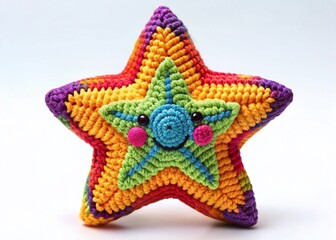 Obraz premium Crochet Star Emoji, White Background, Detailed Craft, Handmade, Winter Holiday Texture