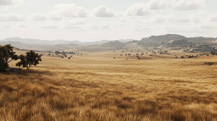 Majestic Expansive Plains Landscape with Dramatic Mountain Range Background