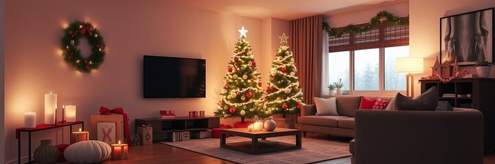 Modern apartment with a cozy 3D rendered living room decorated for Christmas with a beautifully lit tree in the corner, decorations, holiday, festive