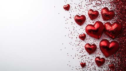 Red hearts scattered on a white background creating a simple and cheerful pattern
