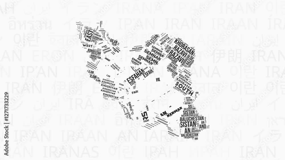 Poster iran intro animation. country with regions illustration video. background with country names in vari
