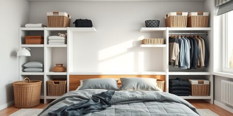 Modern bedroom with vertical storage of clothing, shelves, and baskets, bedroom, shelves, tidy