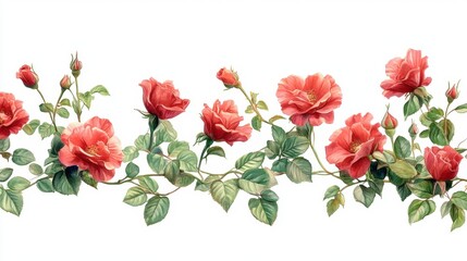 Painting of red flowers depicted on a white background with detailed brush strokes and vibrant colors