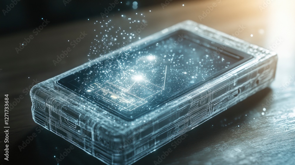 Poster futuristic smartphone design showcasing holographic interface and glowing particles in a modern sett