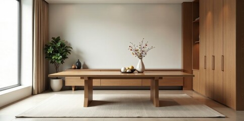 Serene Minimalist Dining Room Design Featuring a Light Oak Table, Neutral Color Palette, and Natural Elements