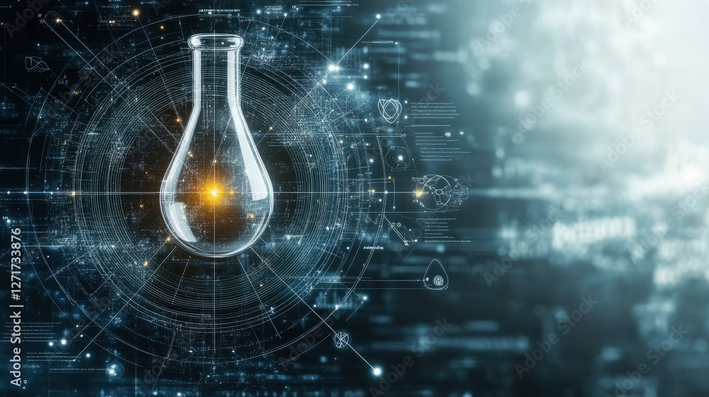Poster abstract representation of a scientific laboratory with glowing beaker and digital data patterns dep