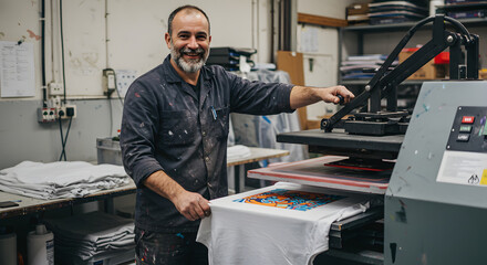 Man using heat press machine for t-shirt printing, Worker operating heat transfer machine in workshop, Generative AI image
