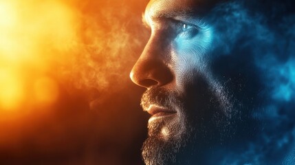A contemplative portrait of a man in dramatic lighting with contrasting warm and cool tones, conveying deep emotions and introspection
