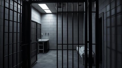 Modern prison cell interior featuring a comfortable bed and stainless steel sink, restricted, confinement, minimalistic
