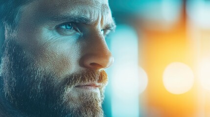 A contemplative man gazing thoughtfully into the distance with a focus on his rugged features and intense expression