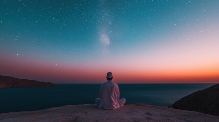 Fototapeta premium Silhouette of a Muslim man praying under a starry sky at night during Ramadan, illuminated by soft moonlight, deep spiritual connection, peace and devotion