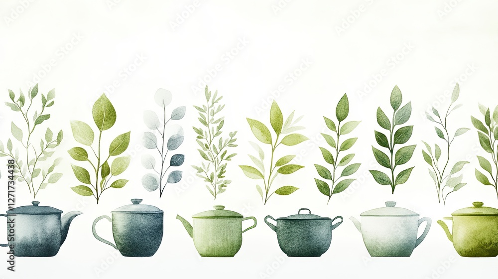 Poster a whimsical arrangement of teapots and foliage with a soft pastel background, creating a serene and 