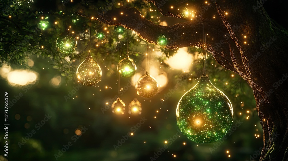 Poster enchanting tree adorned with shimmering green orbs illuminated by magical lights in a serene nature 