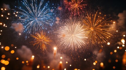 Fototapeta premium Colorful fireworks display lighting up the night sky in vibrant bursts of light and color