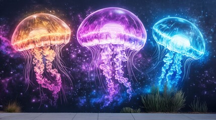 Vibrant and luminous jellyfish mural featuring three glowing jellyfish in a cosmic setting with a dark background