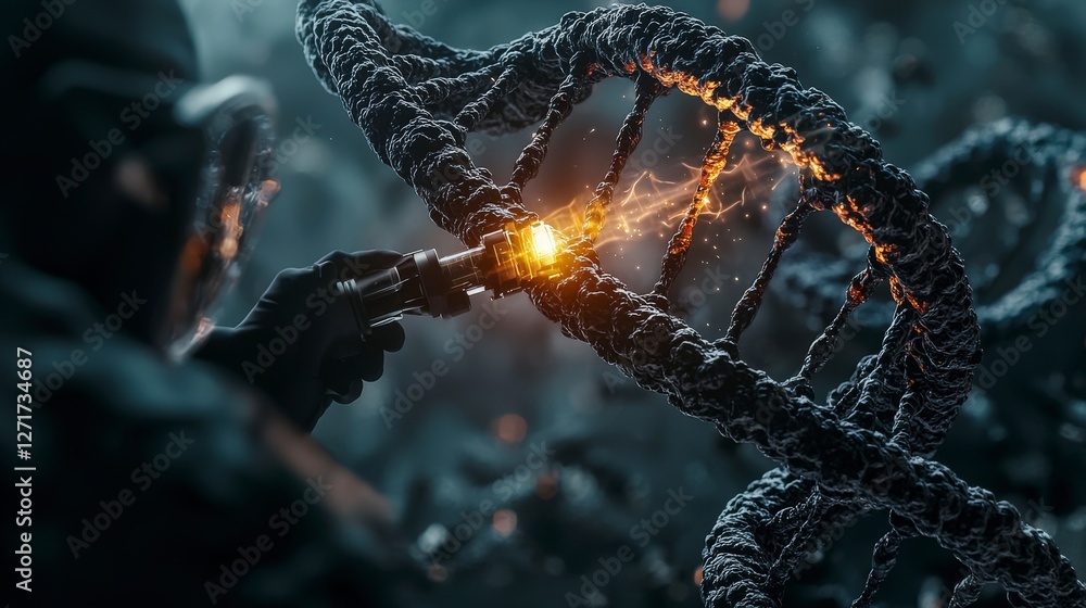 Poster editing a glowing dna strand in a laboratory setting close-up with high-tech tools amidst a scientif