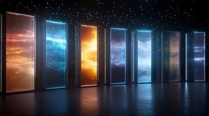 A futuristic display of cosmic portals illuminating a dark room with vibrant colors and starry backdrop