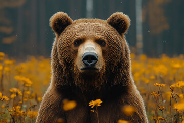 Fototapeta premium Grizzly Bear Portrait Amidst Golden Autumn Wildflowers Field