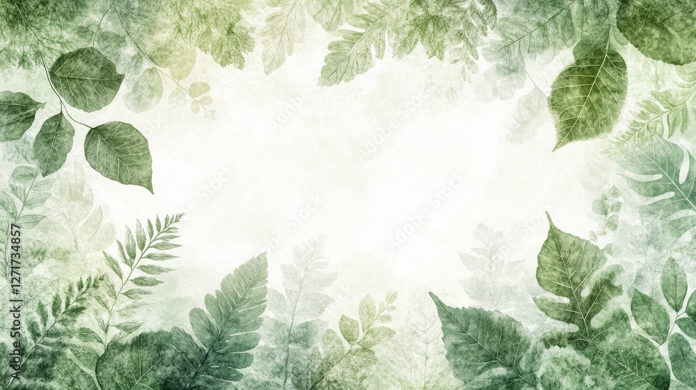 Poster a serene and textured background featuring an arrangement of various green leaves with soft hues and