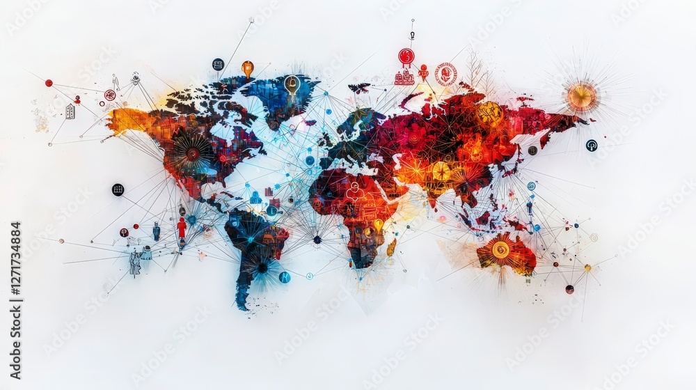 Poster Connectivity concept global digital map linking people through virtual networks – abstract aerial view infographic