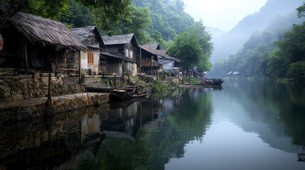 Obraz premium Peaceful riverside village a tranquil perspective on riverbank photography and cultural essence