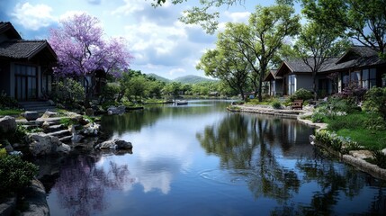 Fototapeta premium Tranquil riverside village retreat scenic riverbank nature photography serene environment wide angle peaceful concept