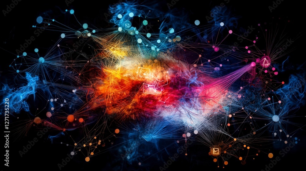 Poster visualizing global connectivity abstract aerial view of social network map and digital realm design