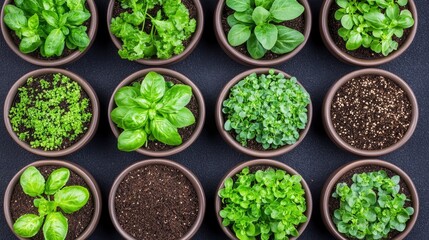Obraz premium A vibrant collection of potted herbs and leafy greens arranged meticulously on a dark surface, showcasing diverse textures and colors.