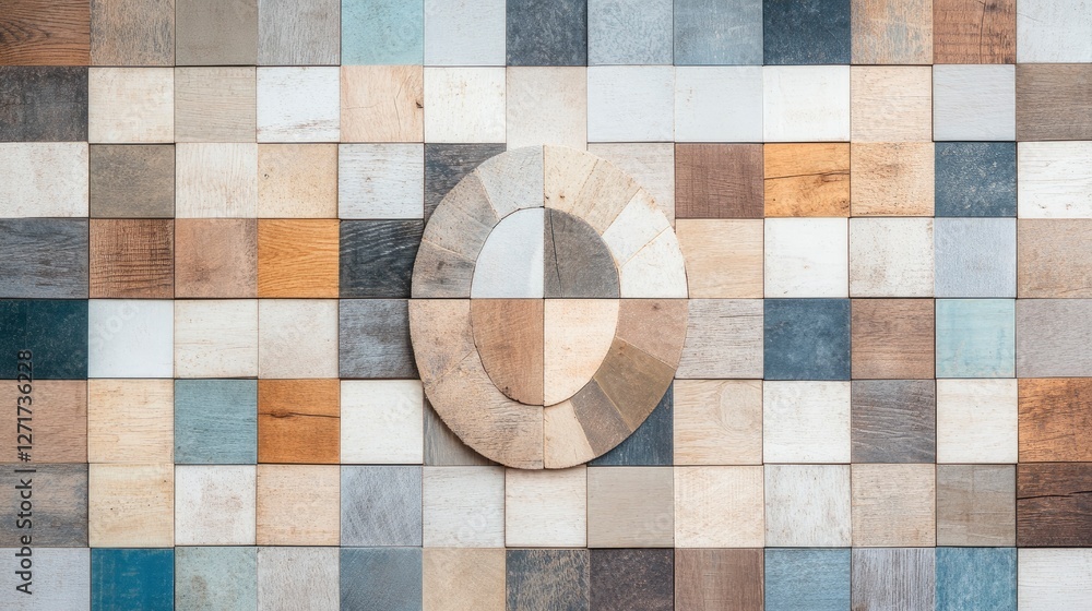 Aufkleber a captivating display of wooden tiles forming an intriguing geometric pattern with a circular cutout
